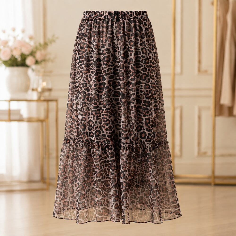Ninexis Leopard Print Mesh Tiered Maxi Skirt Womens Large